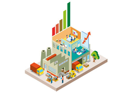 Ilustración para representar una fábrica en el micrositio del programa de Administración de empresas de la Universidad de Ibagué