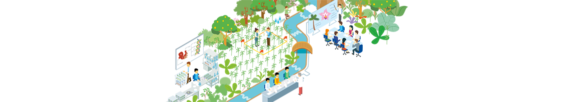 Ilustración de laboratorios al aire libre rodeados de plantas para el micrositio de Biología Ambiental de la Universidad de Ibagué